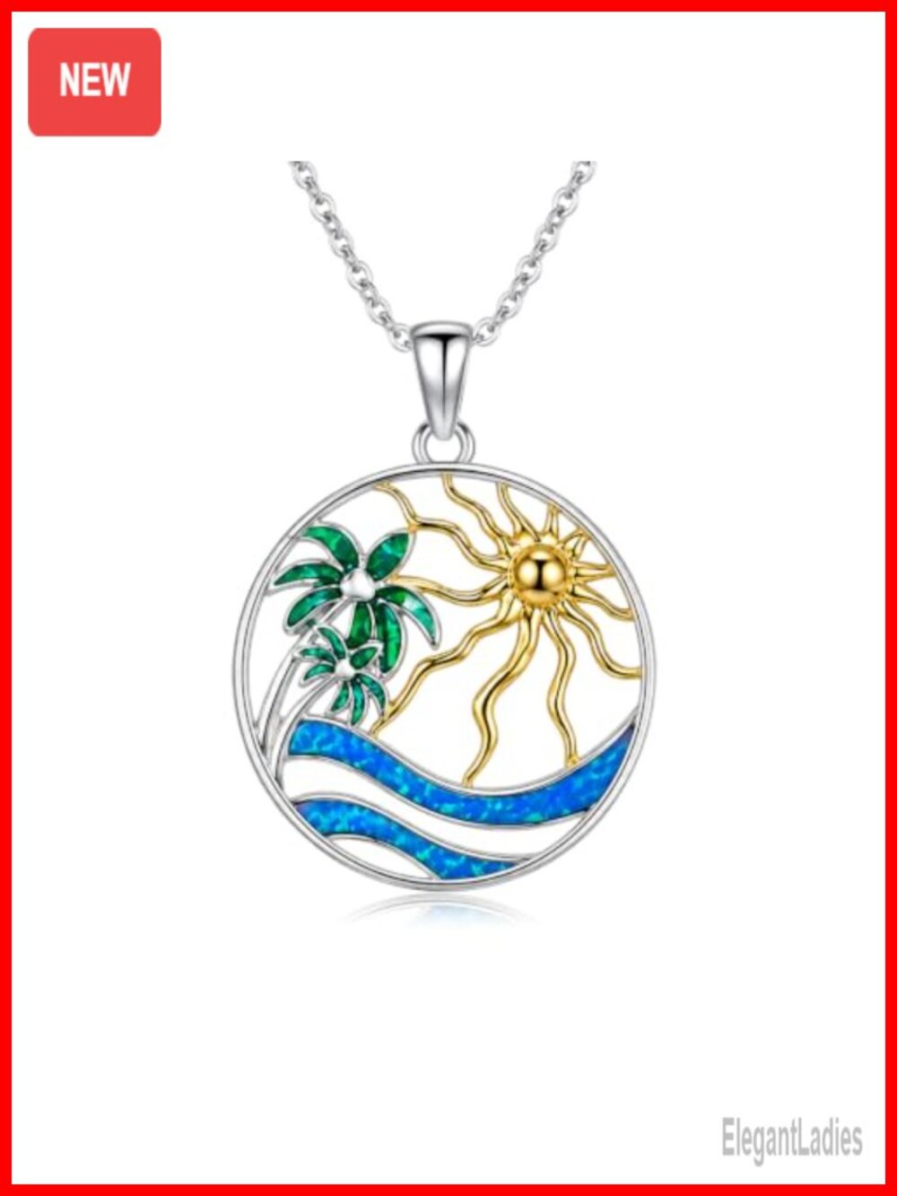 Opal Palm Tree Beach Wave Pendant Necklace 18in Tropical Sun Ocean Jewelry
